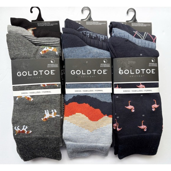 9 pair (3-3 Packs)  Gold Toe Dress Socks Men 6-12.5 Crew Dog Flamingo - Picture 1 of 4